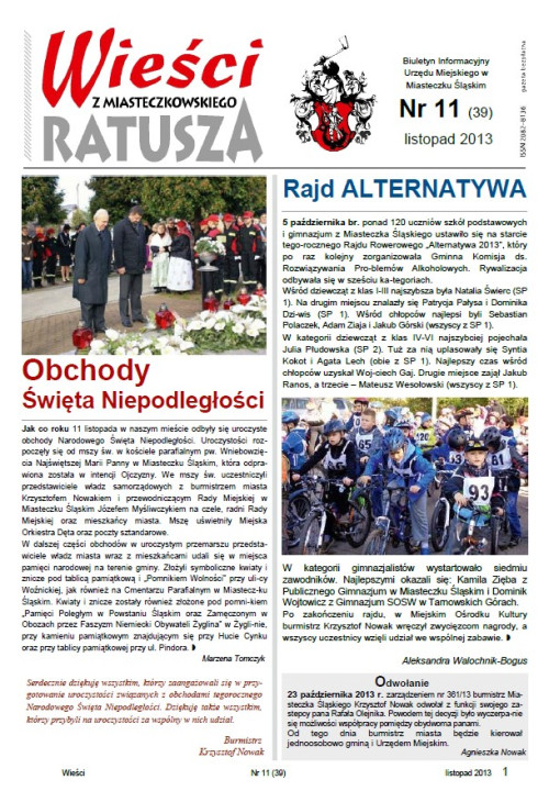 okładka wydania Nr 11 (39) Listopad 2013 gazety Wieści z Ratusza