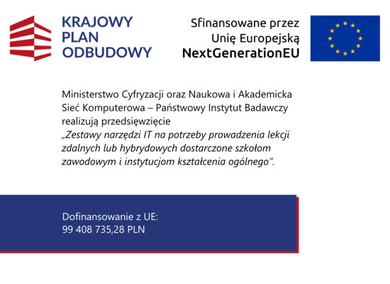 grafika do wpisu: Zestawy narzędzi informatycznych na potrzeby prowadzenia lekcji zdalnych lub hybrydowych dostarczone szkołom zawodowym i instytucjom kształcenia ogólnego.