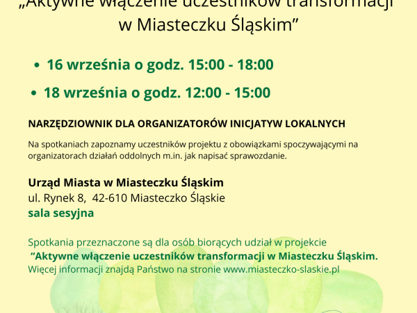 grafika do wpisu: Spotkania w ramach projektu „Aktywne włączenie uczestników transformacji w Miasteczku Śląskim”