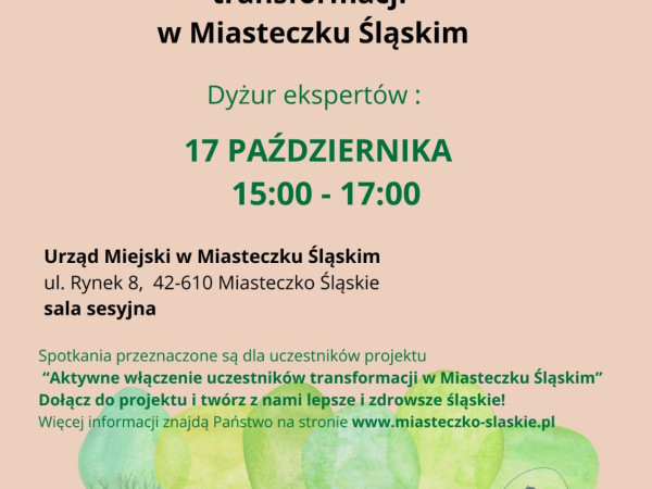 grafika do wpisu: Dyżur ekspertów w ramach projektu „Aktywne włączenie uczestników transformacji w Miasteczku Śląskim”