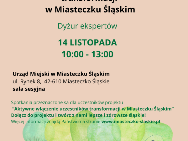 grafika do wpisu: Dyżur ekspertów w ramach projektu „Aktywne włączenie uczestników transformacji w Miasteczku Śląskim”