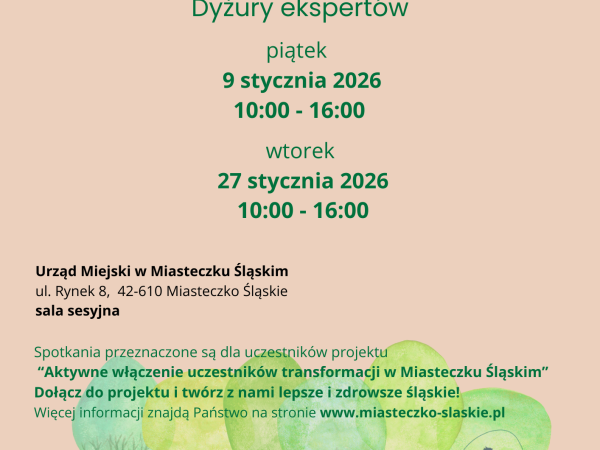grafika do wpisu: Dyżury ekspertów w ramach projektu „Aktywne włączenie uczestników transformacji w Miasteczku Śląskim”