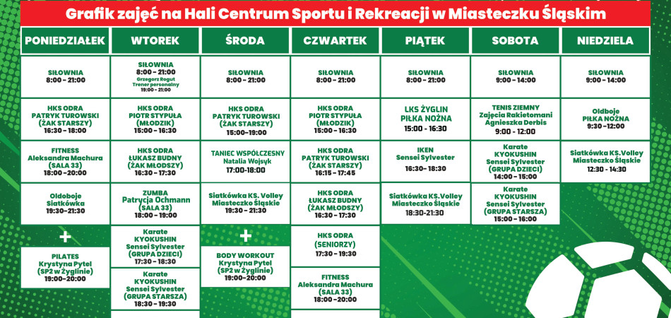 grafika dla wpisu: Zajęcia i treningi organizowane w Centrum Sportu i Rekreacji w Miasteczku...